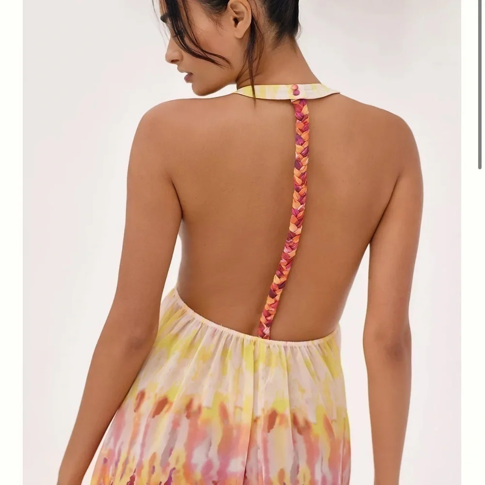 Anthropologie Sleeveless Tiered Maxi Dress yellow pink colorful bright summer - Picture 2 of 12